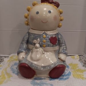 Whimsical Rag Doll Cookie Jar - Blue and Red